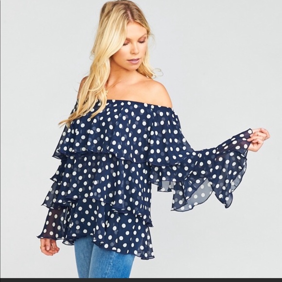 Show me your mumu off the shoulder top S small polka dot chi chi bell sleeve - Picture 3 of 13
